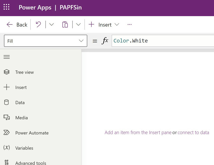 Add an item from the insert pane or connect to dats
